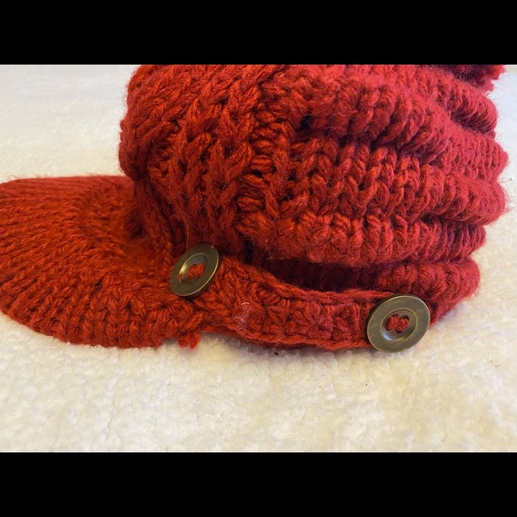 Chunky Knit Pom Pom Beanie with Visor Brim - Rust Red One Size - Picture 3 of 4